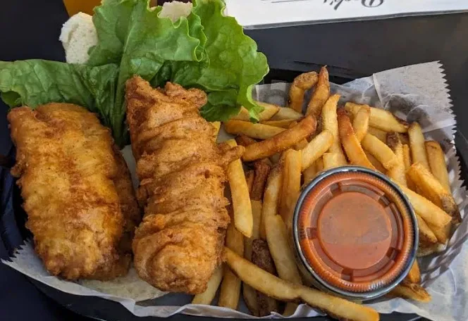 Placeholder photo: two breaded fish fillets with fries and a cup of dipping sauce